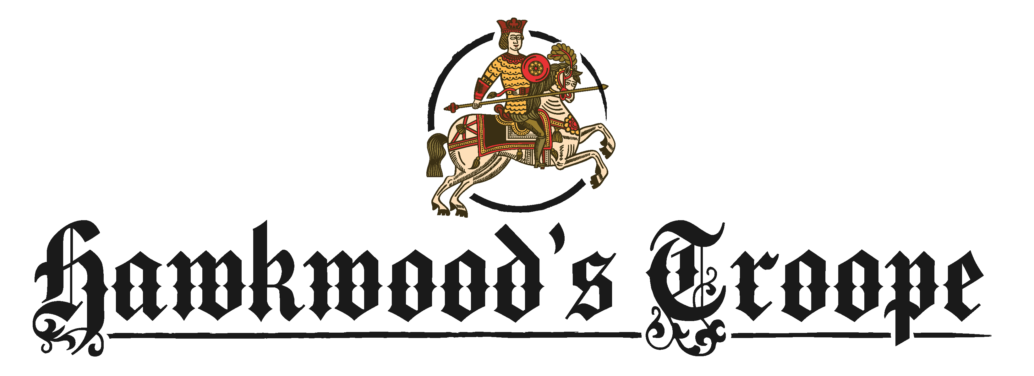 Hawkwood's Troope logo: mounted knight with lance above blackletter wordmark