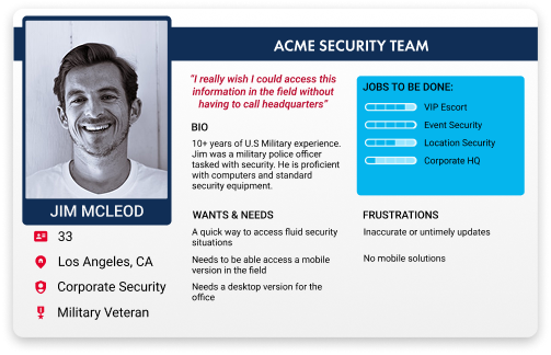Field-analyst persona: Jim McLeod, ACME Security Team, corporate security, military veteran, needs fast mobile access to fluid security situations
