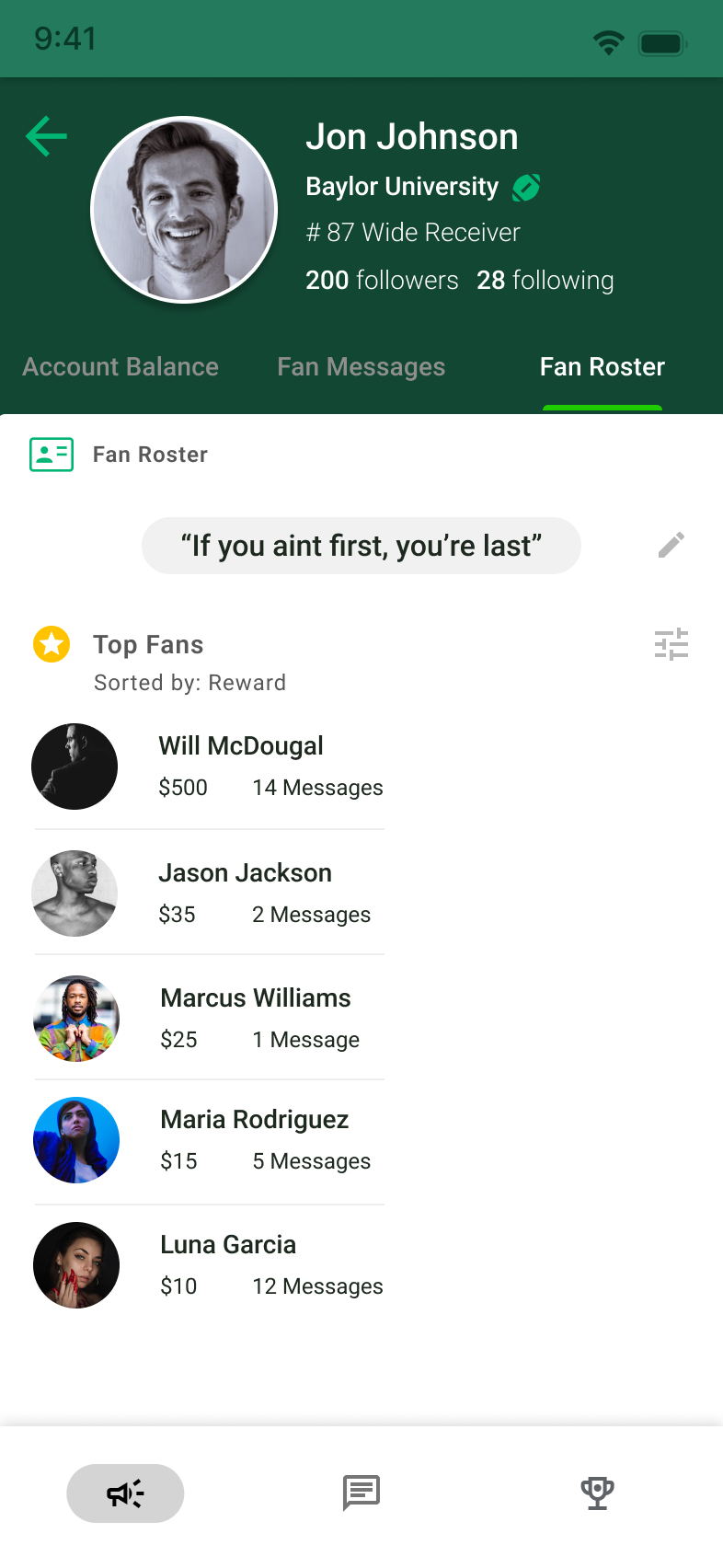 MVP athlete view: fan roster sorted by reward, with top supporters and messages