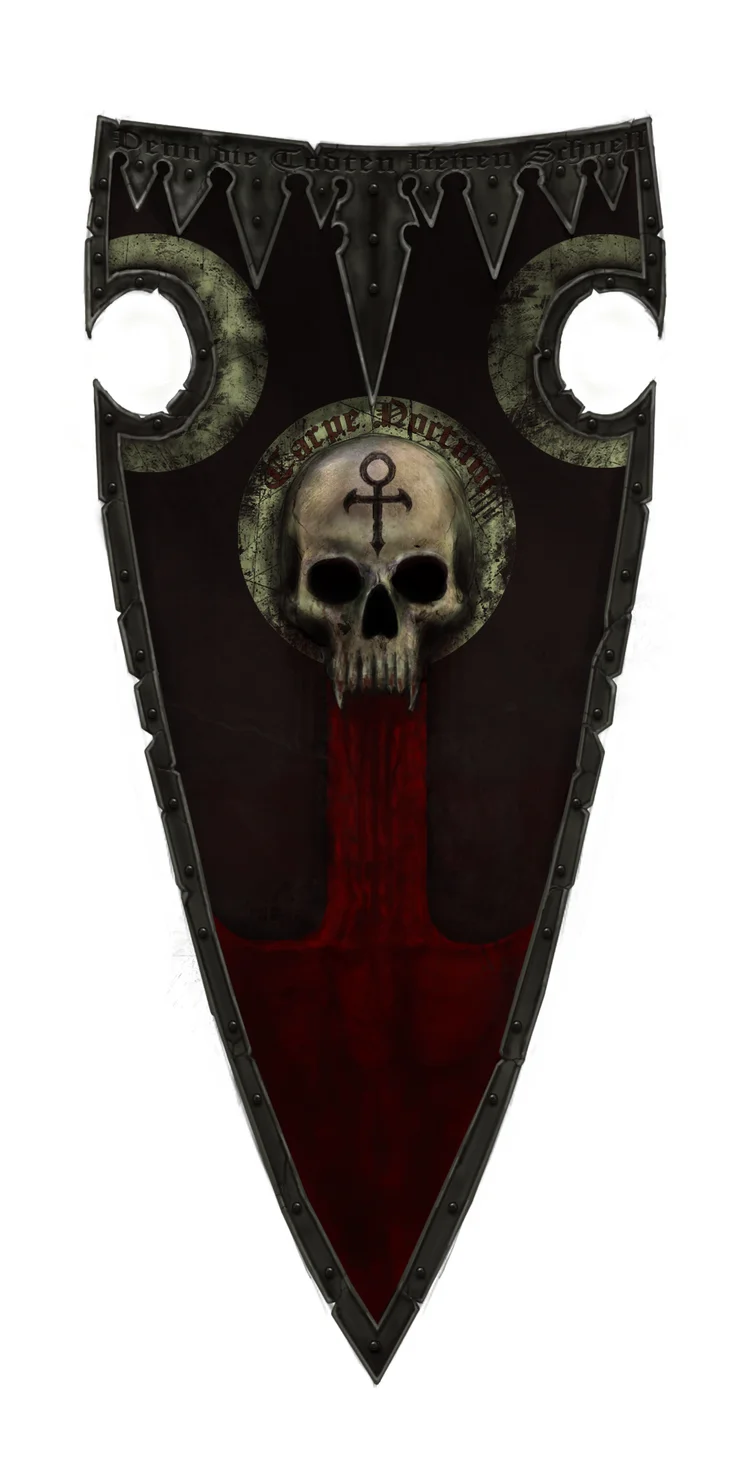 Concept art of a vampire shield with skull and blood motif